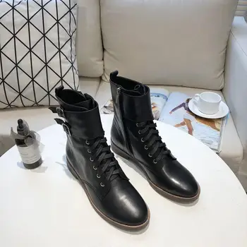 

Vibsterimma High Quality Lace Up Boots Women Genuine Leather Zip Booties Female Motorcycle Boots