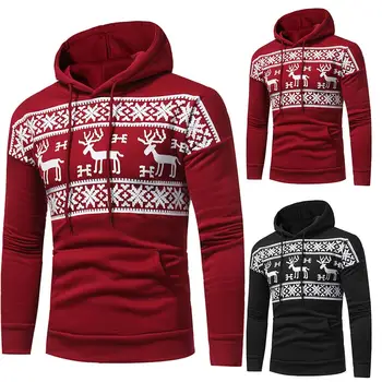 

Casual Men Autumn Christmas Reindeer Print Pocket Plus Size Pullover Hoodie