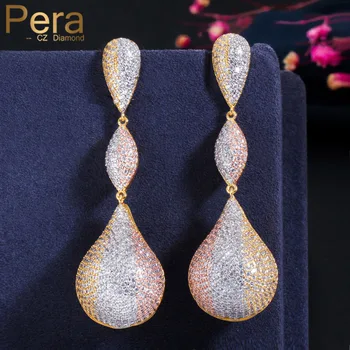 

Pera 65mm Luxury 3 Tone Gold Disco Balls Full Micro Cubic Zirconia Pave Long Dangle Earrings for Women Engagement Jewelry E392