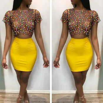 

Aprmhisy Hot New Summer Women Two Piece Set Elegant Mesh Polka Dot Casual Party Crop Top And Skirt Sets Outfits