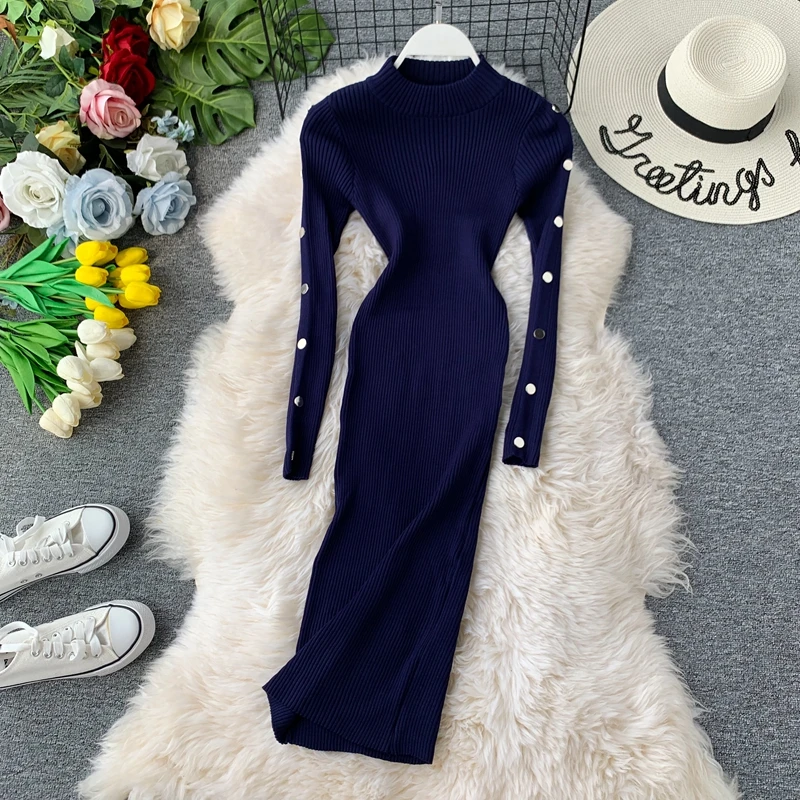 Navy blue Элегантное женское Макси платье свитер сексуальное обтягивающее платье с круглым вырезом с длинным рукавом стрейч Vestidos женское трикотажное платье длиной до колена - Цвет: Navy blue