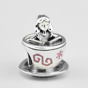 

Charms 925 Silver Original Fit Pandora Bracelets Sterling Silver Alice in Teacup Charm Beads for diy Women Jewelry