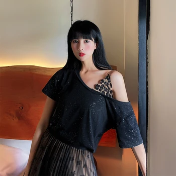 

2020 Women Summer New Style Black Patchwork Leopard Tops Sexy Loose Fake Two Piece Off Shoulder Shirts Fashion Tide