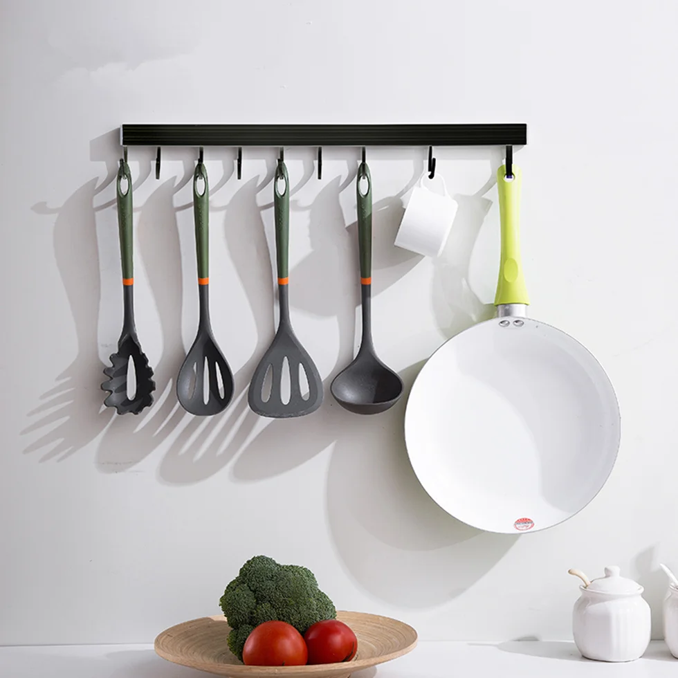 Matt Black Pantry Tool Holder Wall Mounted Bar with Hooks Space Aluminum Kitchen Rack for Storage Knife Utensil Tool Sundry Hook