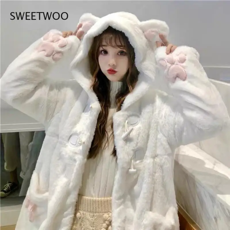 Winter Jacket Women Lolita Fleece-Lined Thickened Girl Soft Fabric Kawaii Cat Ear Hat Claw Cute Plush White Coat Youthful Parka