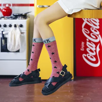 

Women Fashion Alphabet Long Cotton Socks Silver Silk Elastic Sports Casual Stars Print Urban Trendy Stockings Female Hip Hop