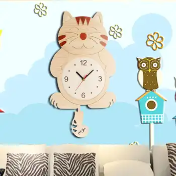 

Wall Clock Wooden Cat Pattern Swinging Tail Pendulum Cartoon Clocks Battery Operated Room Home Decor Wood Hanging Wall Clocks