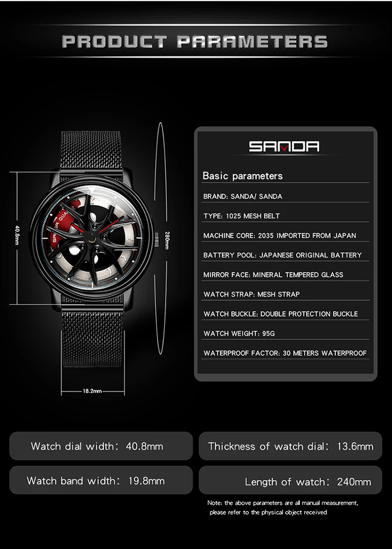SANDA Men Rim Hub Watch Custom Design Car Wrist Watch Stainless Steel Custom not Printing Wheel Rim Hub Rotating Dial Watches
