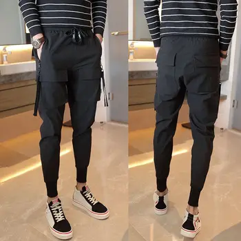 

2020 Streetwear Darkly Style Harem Joggers Men Casual Sweatpants Autumn New Black Ribbons Hip Hop Full Length Trousers Men