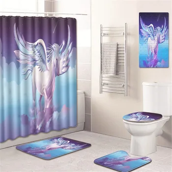 

Unicorn Shower Curtain Bathroom Mat Toilet Cover Mat Absorbent Non-Slip Home Mat Kitchen Pad Five-Piece Carpet