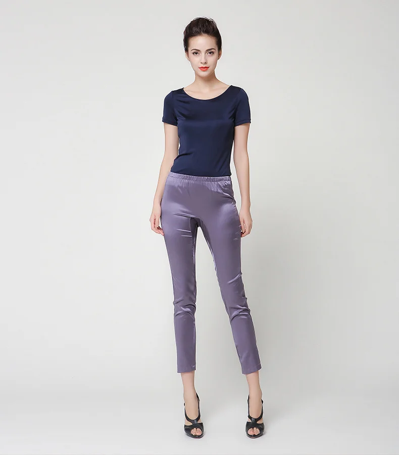 VOA женские шелковые брюки Тонкий для похудения Базовый раздел талии шелковые брюки девять брюки K653 - Цвет: 03