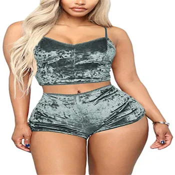 

Sexy Women Velvet Lingerie Nightwear Sleepwear Crop Tops Panty 2pcs Pajama Set