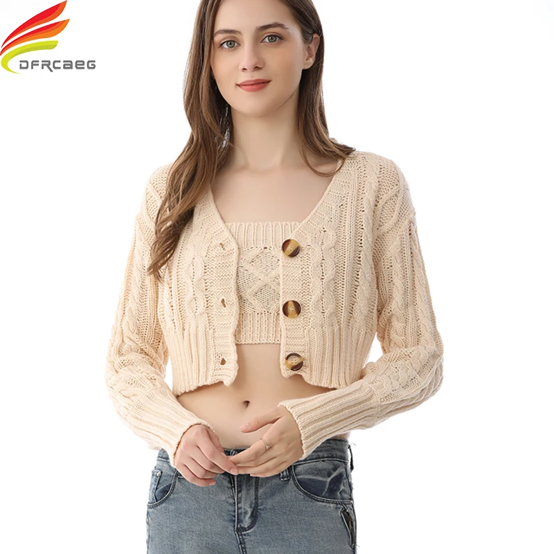 

Женский укороченный вязаный кардиган, однобортный свитер цвета хаки с длинным рукавом, Осень-зима 2020