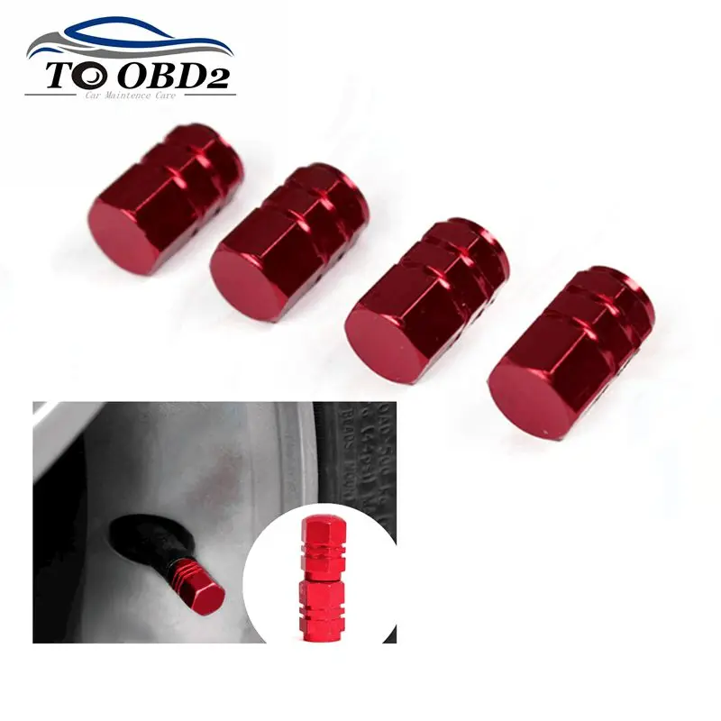 4-Pack Orange Hexagonal Valve Stem Caps - Chromed Aluminum Tire Accessories
