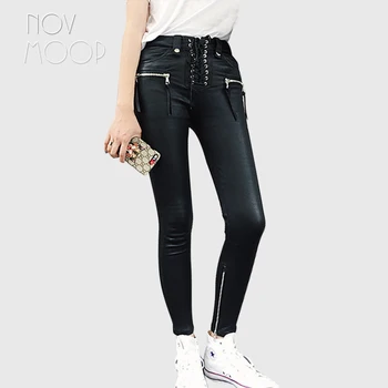 

novmoop imported quality genuine sheepskin stretched leather pensil pants with zipper decor Pantalones elásticos de cuero LT3200