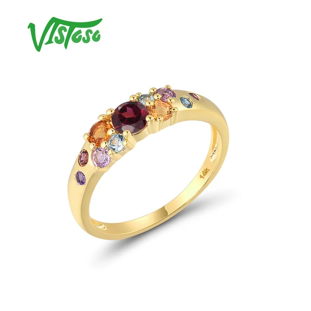VISTOSO Pure 14K 585 Yellow Gold Rings For Lady Sparkling Multicolor Gems Rhodolite Garnet Amethyst Citrine Topaz Fine Jewelry 1