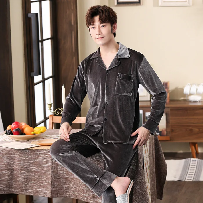 

Gold Velvet Pajamas Men's Spring And Autumn Set Loose-Fit Long Sleeve Plus-sized Velvet Couples Women's Tracksuit Piece Winter