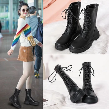 

Autumn and winter leather women's boots ins Martin boots female British wind boots high to help thick with motorcycle boots