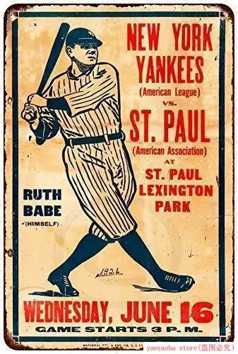 Оловянный знак Алюминиевый Ретро 1926 Ny Yankees и Babe Ruth Vs. St. Paul металлическая картина «металлические номерные знаки» оловянный знак настенная декоративная доска