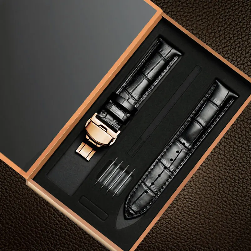 Rosegold-Black UTHAI Z06 Plus Ремешки для наручных часов из натуральной кожи 14-24 мм Универсальные часы с бабочкой и пряжкой стальной ремешок с пряжкой+ Высококачественная подарочная коробка - Цвет ремешка: Rosegold-Black
