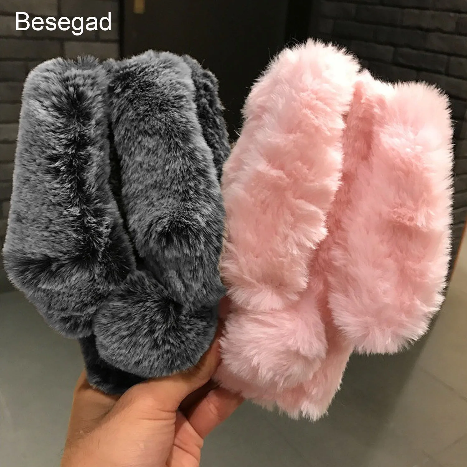 

Besegad Cute Bunny Ears Luxury Soft Warm Fluff TPU Protective Case Cover Shell Skin for Apple iPhone X 6 6s 6 s 7 8 plus capa