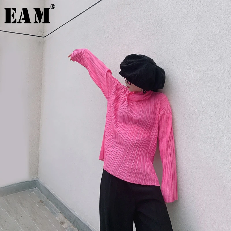 

[EAM] Women Leisure Perspective Pleated Temperament T-shirt New Turtleneck Long Sleeve Fashion Tide Spring Autumn 2020 1R354