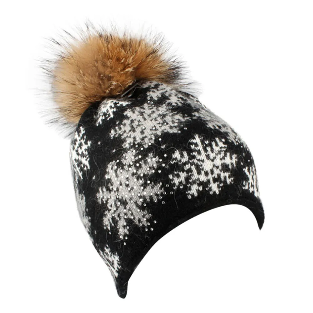 Зимняя вязаная шапка для Для мужчин Для женщин Снежинка вязаная шапка, шапочка с помпоном однотонные теплые на открытом воздухе с отворотами шапки унисекс