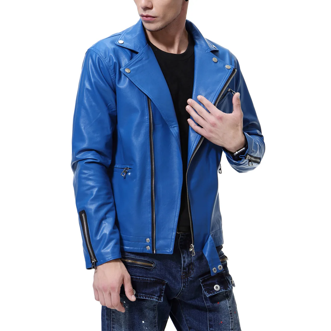 Осень Мужская мотоциклетная кожаная одежда тренд M-5XL Большие размеры Мужская кожаная куртка черные синие кожаные куртки
