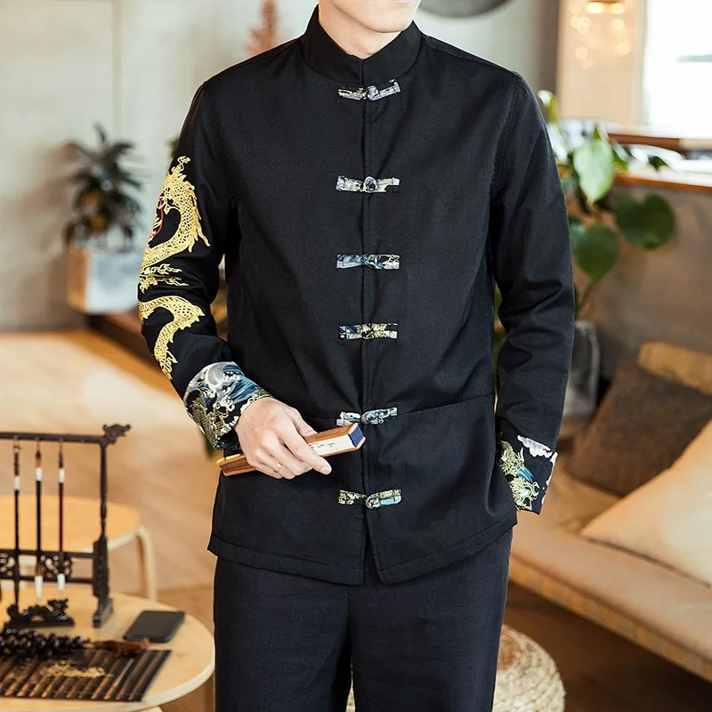 Traditional Chinese Style Embroidery Dragon Hanfu Blouse Tang Suit Men Kungfu Shirts Tops Jacket Cheongsam New Year Coats KK3246