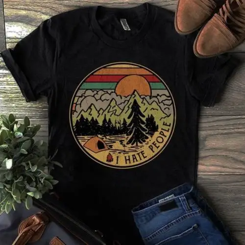 Camping I Hate People Love Винтажная футболка черная Хлопковая мужская с рисунком Мужская