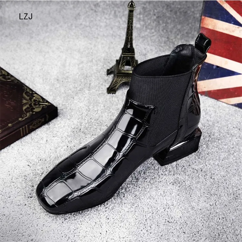 

2019 Chic Women Boots Shiny PU Leather Autumn Winter Shoes Woman Spuare Toe Block Heels Ankle Boots Female Botas Zapatos Mujer