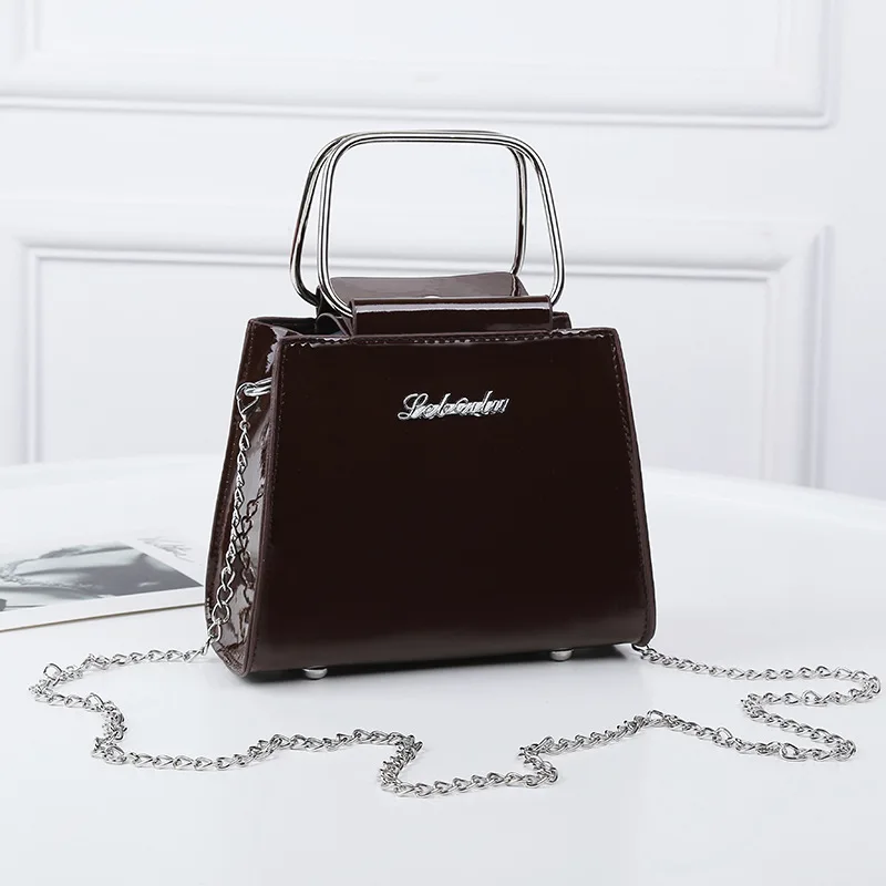 

2018 New Style Korean-style Versatile Patent Leather Iron Handle Mention Square Sling Bag Lettered Chain Shoulder Fashion Should