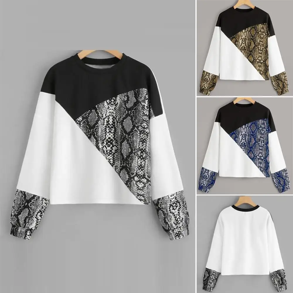 

New fashion cropped sweatshirt women Color Block Snake Print Long Sleeve Sweatshirt Pullover Top Patchwork Simple Blouse women#D