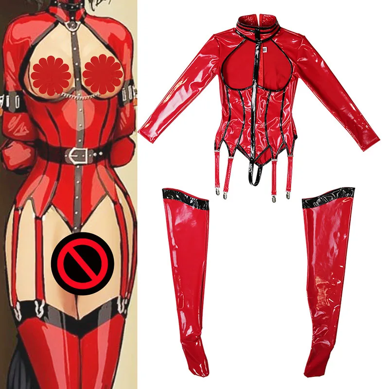 

Sexy Fetish Comic Cosplay Sets Wetlook Women Shiny Patent Leather Suits Exposed Bodysuits Exotic Party Nightclub Costume Custom