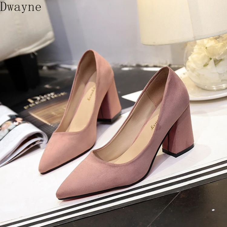 

2019 new Korean fashion wild pointed high heels suede shallow mouth thick with high heels comfortable trend sexy high heels