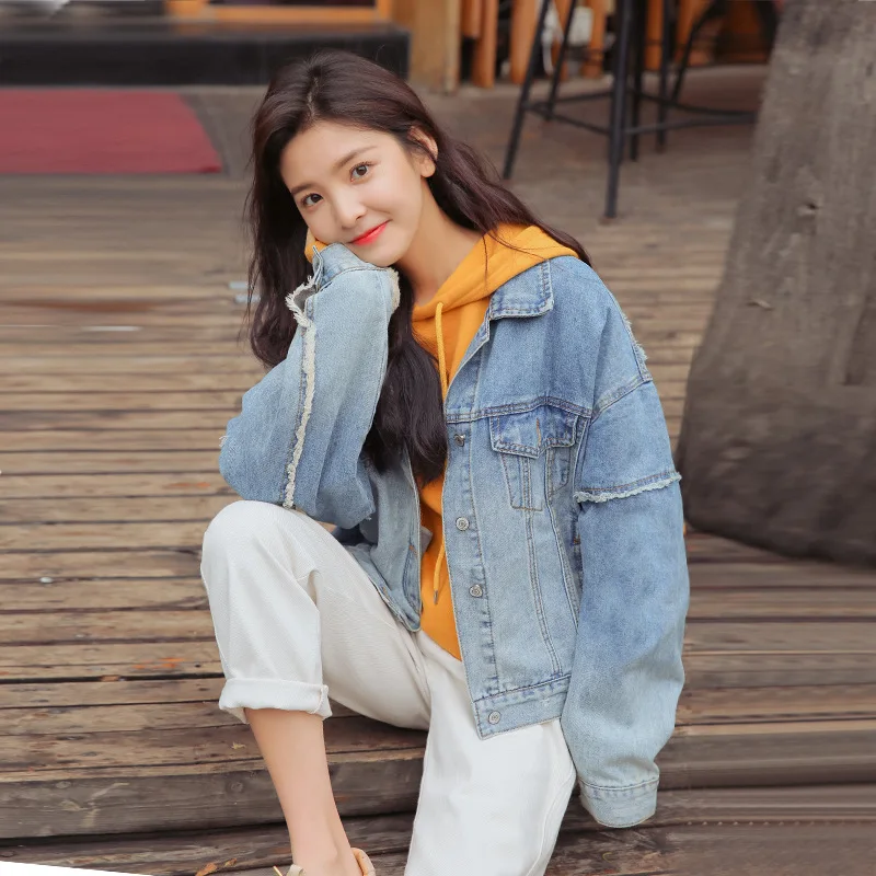 

6976 by Nalini Video 2019 Spring New Style Cowboy Versatile Harajuku with Holes Loose-Fit Long Sleeve Jacket Women's