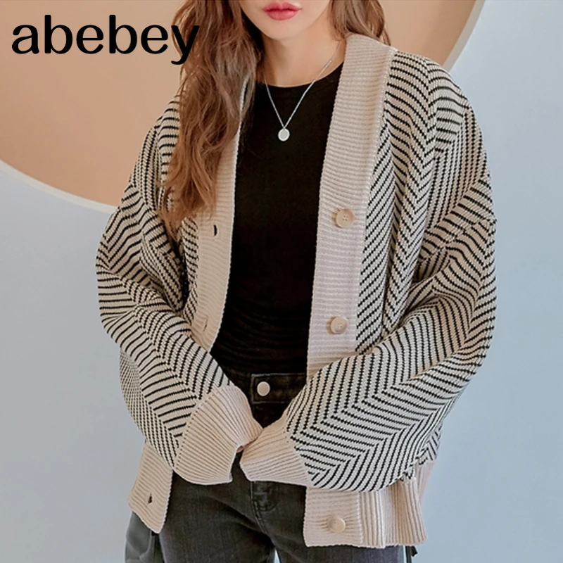 

Casual Knitted Cardigan Oversize Button Front Contrast Stripe Cardigan Autumn Winter Women Sweater Feminino Tops *