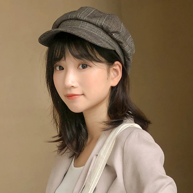 

New Autumn Winter Plaid Beret Hats For Women French Berets Fashion Female Houndstooth Berets Black Berets Plaid Newsboy Cap