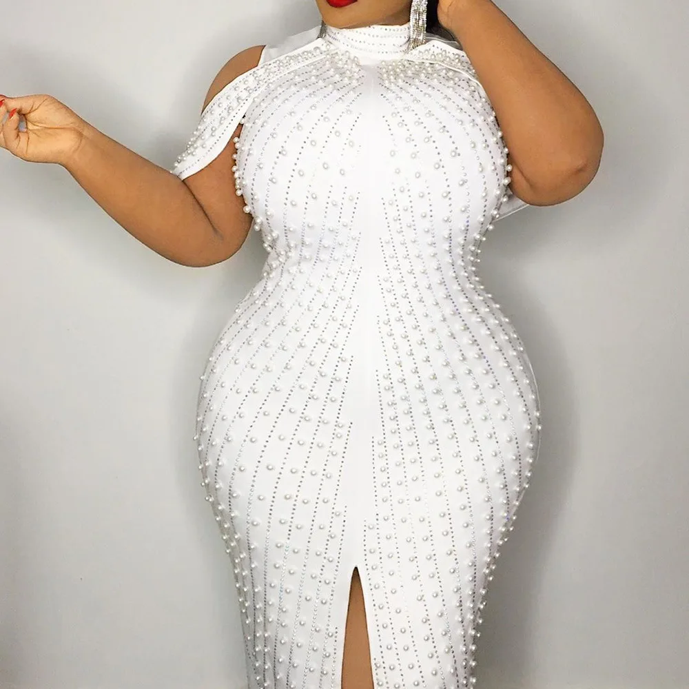 

Adogirl Pearl Cold Shoulder Knee Length Dress M-5XL