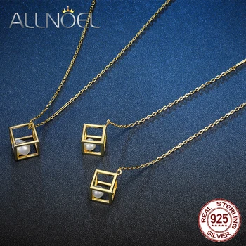 

ALLNOEL 925 Sterling Silver Fleshwater Pearl Drop Earrings Pendant Necklace Fine Jewelry Set 9K Gold Hollow Cubic Charm