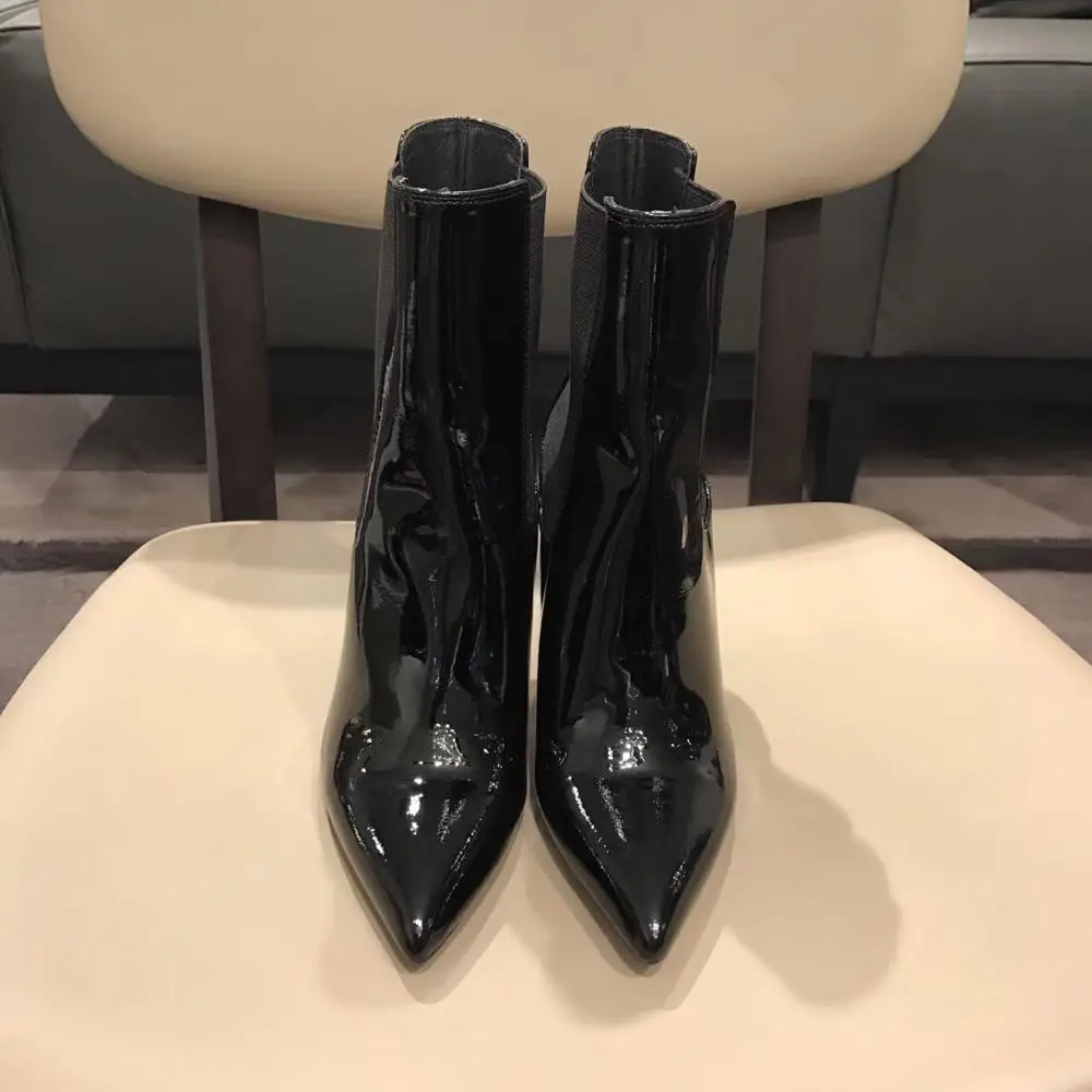 

2019 Spring Fall Black Patent Leather Wedding Bridal Shoes For Bride Luxury Pointed Toe Letters High Heels Pumps Ladies Boots