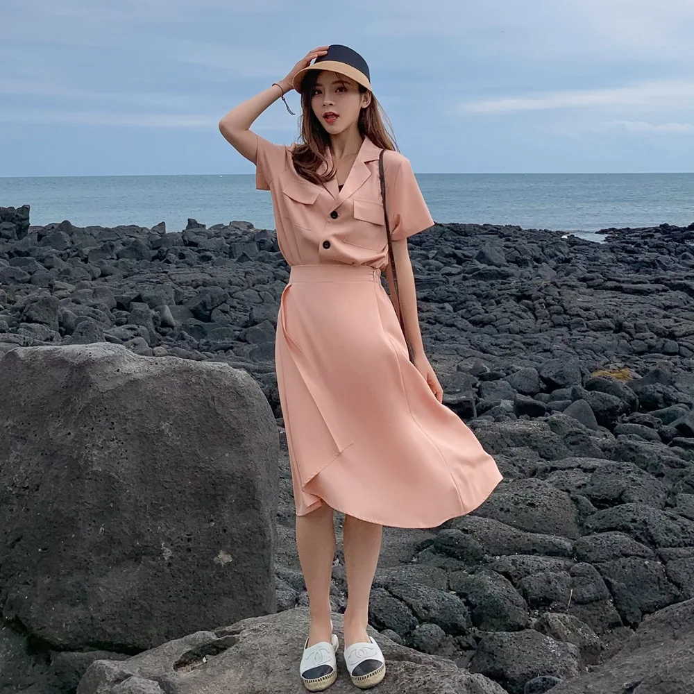 

Photo Shoot 2019 Summer New Style Retro Laziness-Style CHIC Shirt + Irregular Skirt Two-Piece Set WOMEN'S Suit