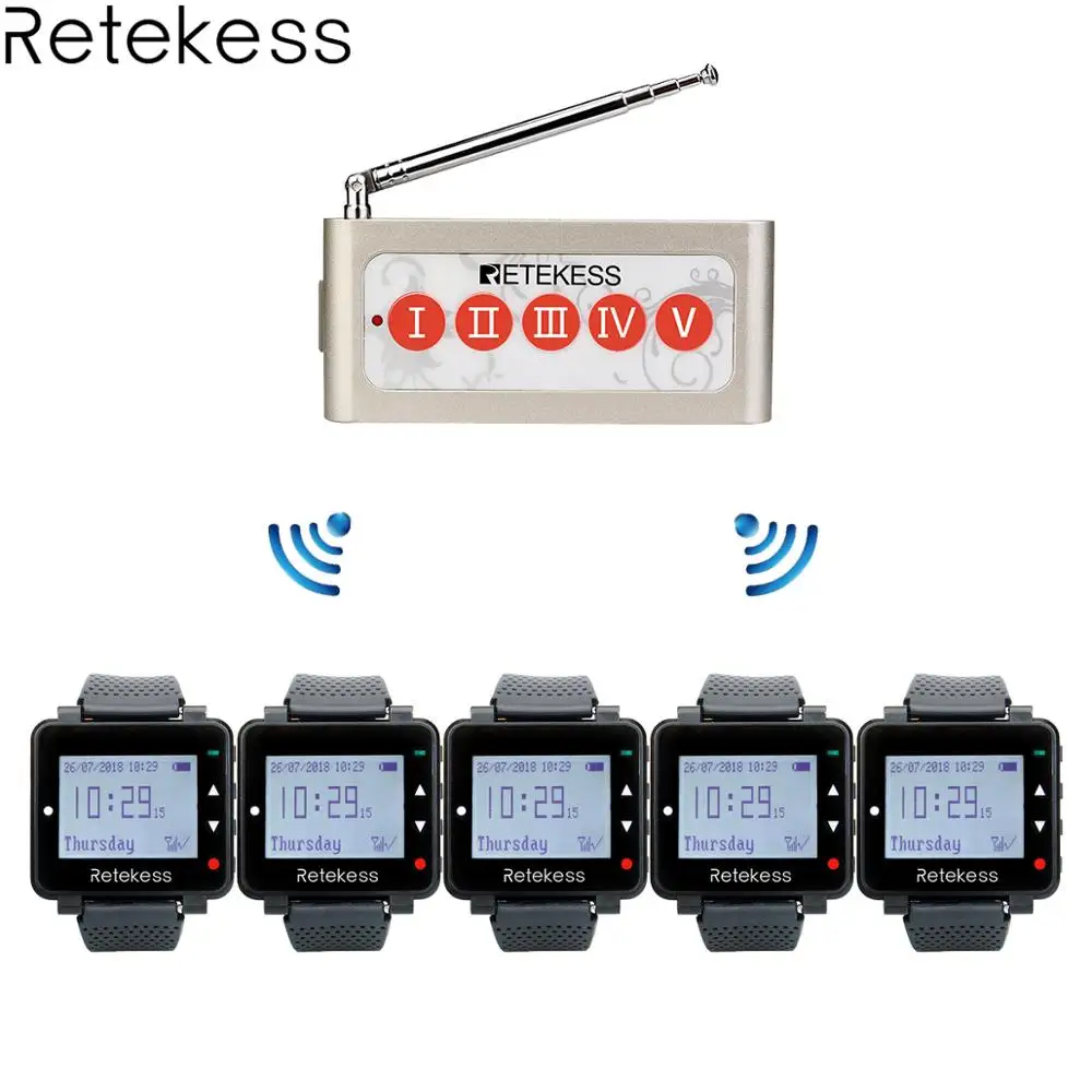 

Retekess 5pcs T128 Wtach Receiver + 1pc TD005 Five-Key Call Button Wireless Calling System Wireless Pager Transmitter Restaurant