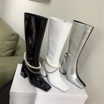 

Newest Shoes Women Autumn/winter Genuine Leather Women Boots Chain Square Toe Super High Heels Women Boots Zapatos De Mujer