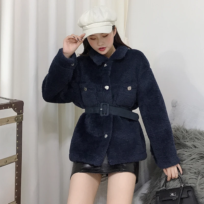 Зимнее пальто для женщин, Высококачественная кашемировая Меховая куртка, модное однобортное пальто из искусственной овечьей шерсти, женское плотное теплое пальто - Цвет: Navy blue