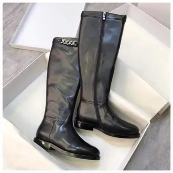 

Hot New Genuine Leathe Metal Chain Knee HIgh Boots Round Toe Thick Heel Zip Side Low Heel Autumn Winter Boots Moto Luxury