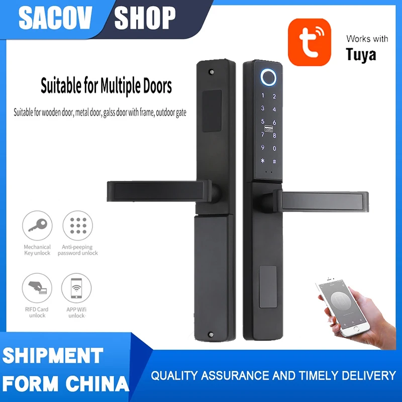 TUYA lock Wifi Fingerprint card Waterproof  lock Push Pull Smart Door Lock for Glass Sliding door  Wooden Home Outdoor Gate door