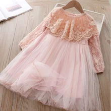 Для девочек весна Новое Кружевное с вышивкой платье с кружевным воротником из вуали в сеточку для девочек красная платье принцессы