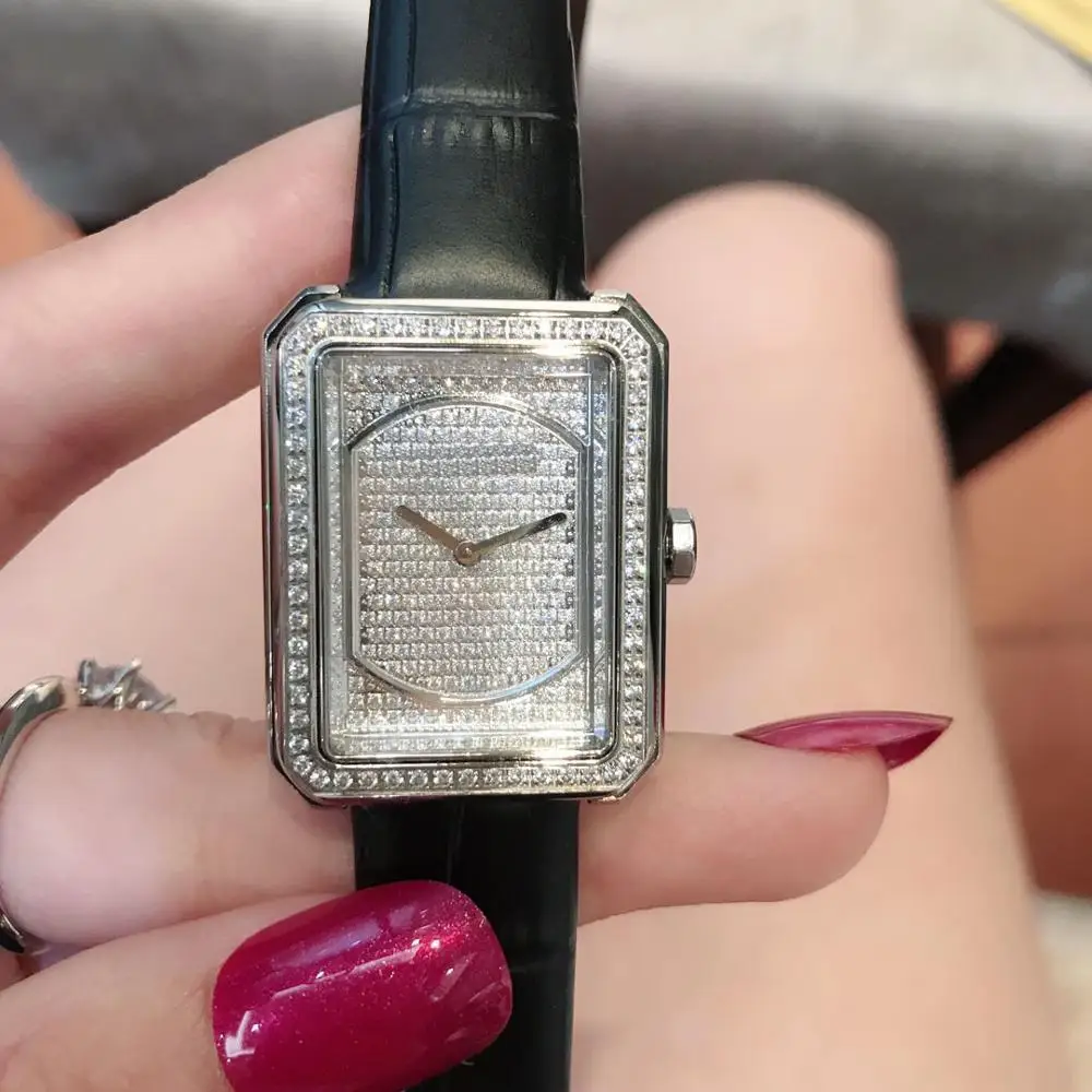 

Latest Ladies Full stones Genuine Leather red/pink//black Watchband rectangle Quartz Wristwatch fashion designer watch for women