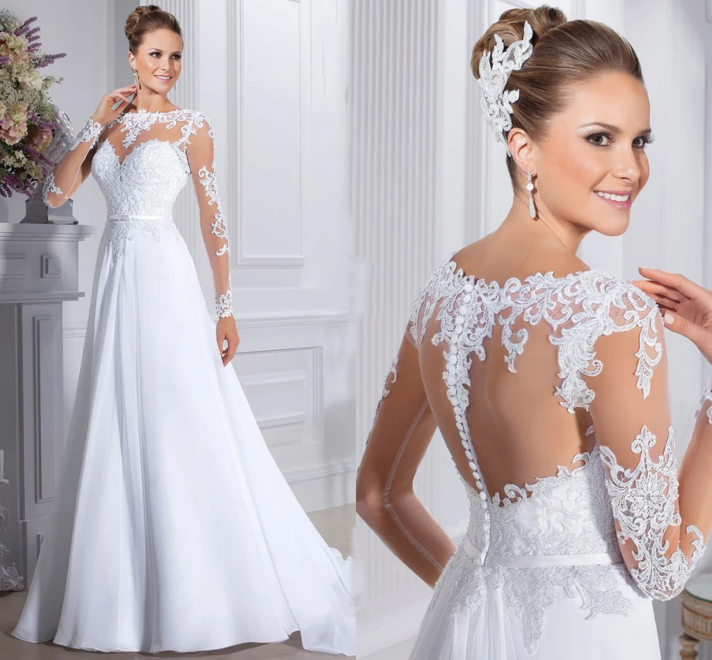 

Vestido de Noiva 2019 Cheap Long Sleeve Lace Chiffon Appliques Wedding Dress Custom Made See Through Back